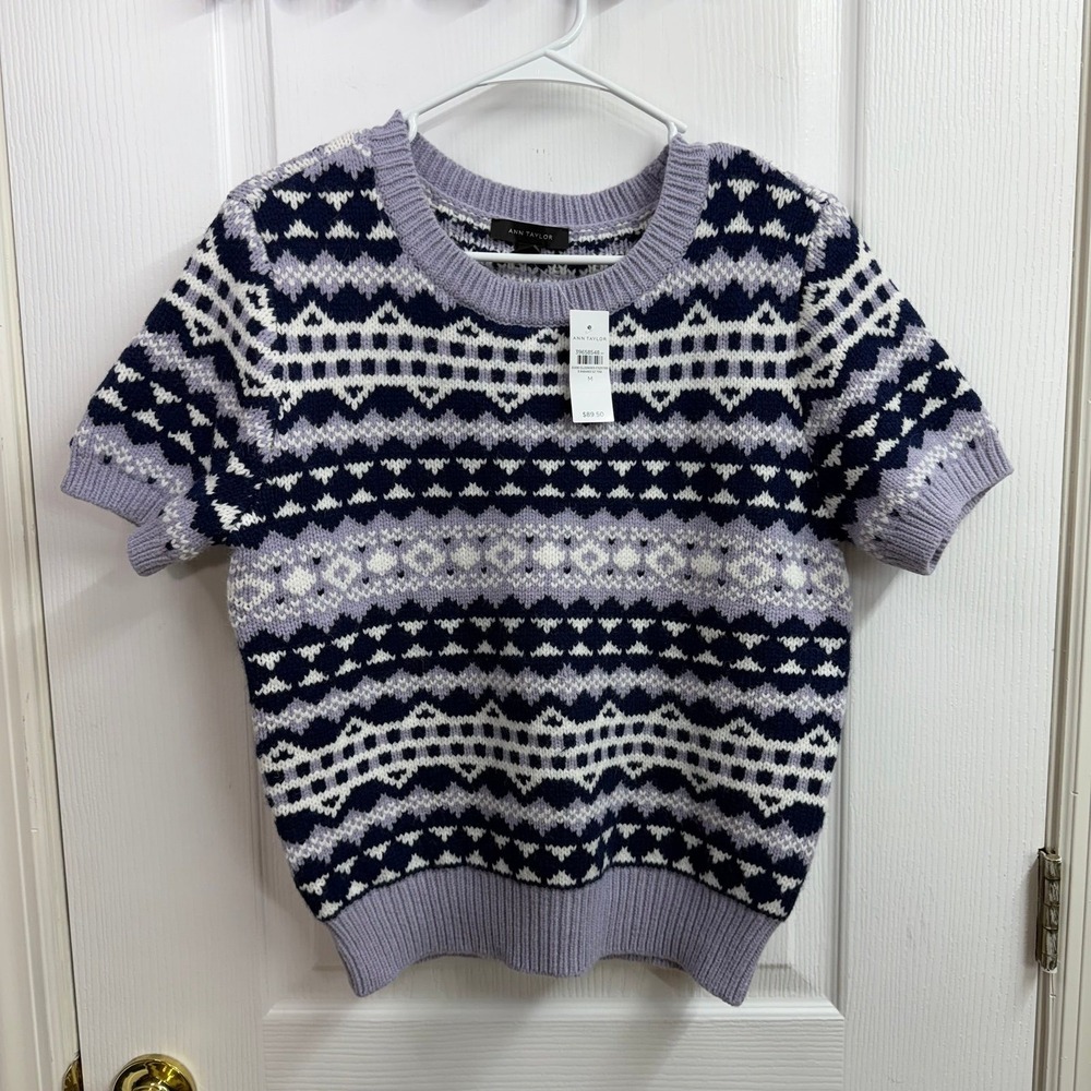 NEW Ann Taylor purple blue acrylic soft knit patterned short sleeve crop sweater